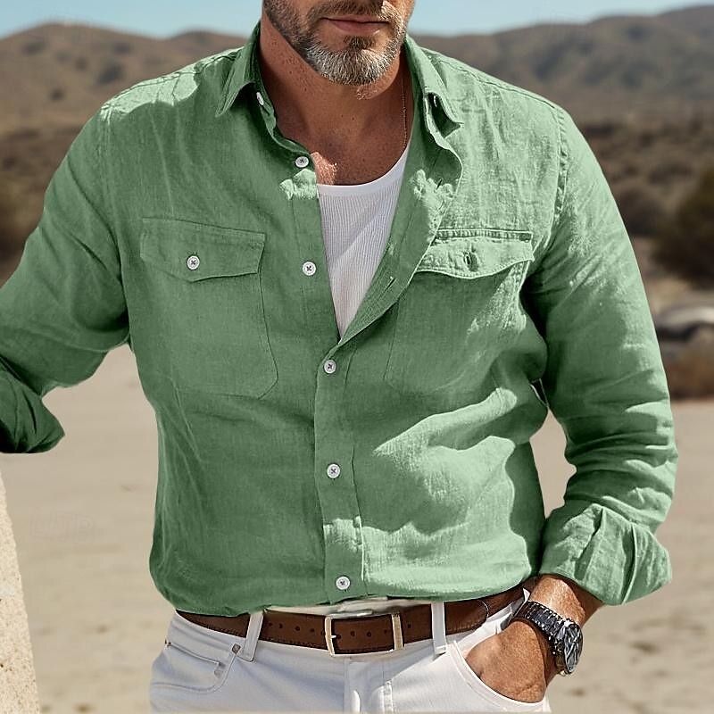 Men's Shirt Linen Shirt Summer Shirt Beach Wear Button Up Shirt Solid Color Street Daily White Blue Green Khaki Long Sleeve Fold-over Collar Clothing Apparel Pocket