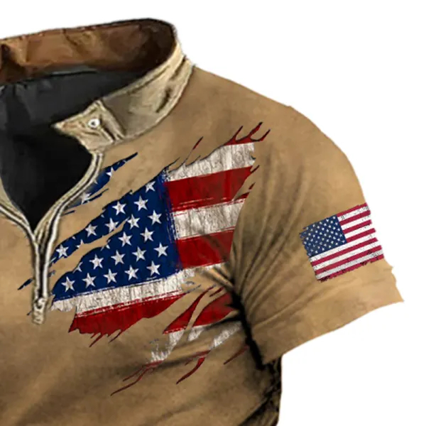 Men's American Flag Patriot 1776 Print Zipper Polo T-shirt