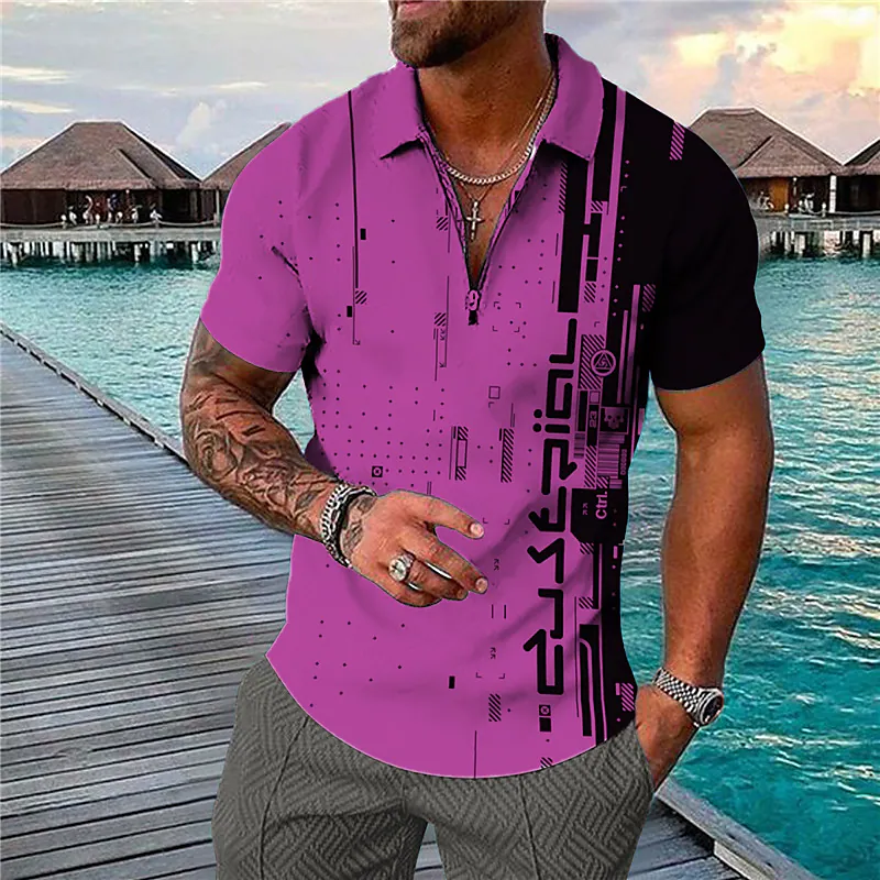 Men's Golf Shirt 3D Print Geometry Casual Zipper Print Short Sleeves Tops
