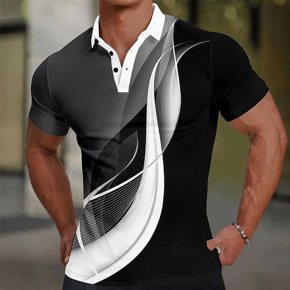Men's Geometic Line Polo Short Sleeve Polo Shirts Collared Shirts Casual School Outdoor Daily Wear Home Wear 3D Print Black