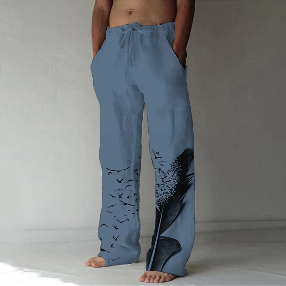 Men's Linen Pants Trousers Summer Pants Beach Pants Drawstring Side Pockets Elastic Waist Graphic Prints Feather Breathable Lightweight Yoga Daily For Vacation Casual Chinoiserie White Blue