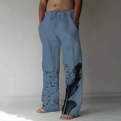 Men's Linen Pants Trousers Summer Pants Beach Pants Drawstring Side Pockets Elastic Waist Graphic Prints Feather Breathable Lightweight Yoga Daily For Vacation Casual Chinoiserie White Blue
