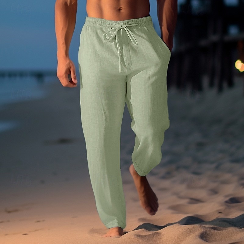 Men's Linen Pants Trousers Summer Pants Beach Pants Drawstring Elastic Waist Straight Leg Plain Comfort Breathable Casual Daily Holiday Fashion Classic Style Light Khaki Black