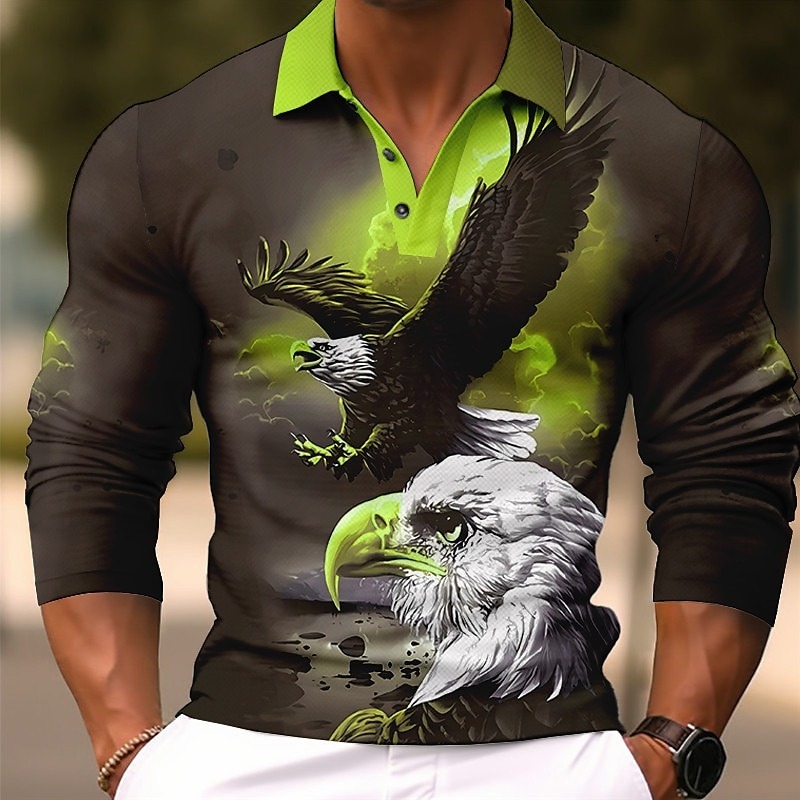 Men's Eagle Polo Shirts Golf Shirt Long Sleeve Polo Shirts Collared Shirts Casual Funny Streetwear Vacation Wear Party Outfits Buttons 3D Print Blue Orange Green