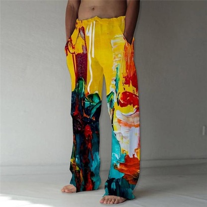 Men's Trousers Summer Pants Beach Pants Elastic Drawstring Design Front Pocket Straight Leg Graphic Prints Flame Comfort Soft Casual Daily For Vacation Linen Like Fabric Fashion Designer Yellow Blue