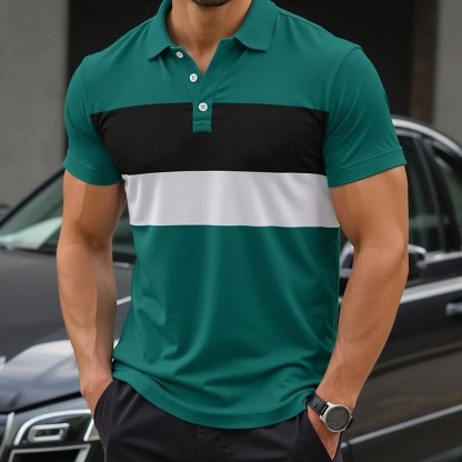 Men's Striped Rugby Polo Short Sleeve Polo Shirts Collared Shirts Casual School Outdoor Athleisure Daily Wear 3D Print Green