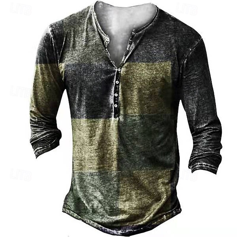 Men's Faux Patchwork Pattern T Shirt Henley Shirt Tee Long Sleeve Vintage Designer Stylish Outdoor Daily Sports Spring & Summer Brown Green Red Henley Henley T-Shirt