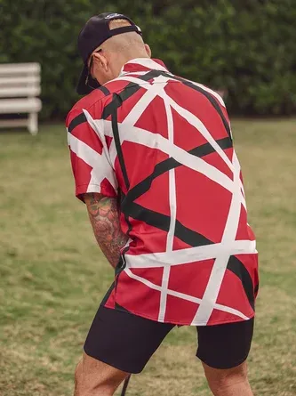 Rhyvra Geometric Lines Chest Pocket Short Sleeve Casual Shirt