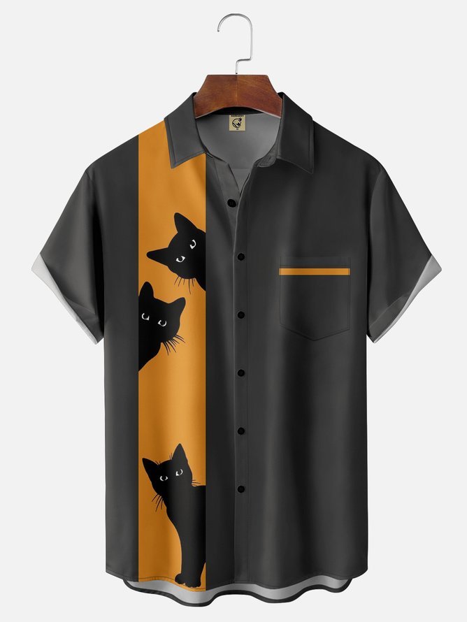 Rhyvra Men's Halloween Elements Cat Graphic Print Short Sleeve Shirt