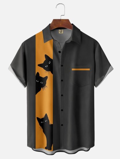Rhyvra Men's Halloween Elements Cat Graphic Print Short Sleeve Shirt