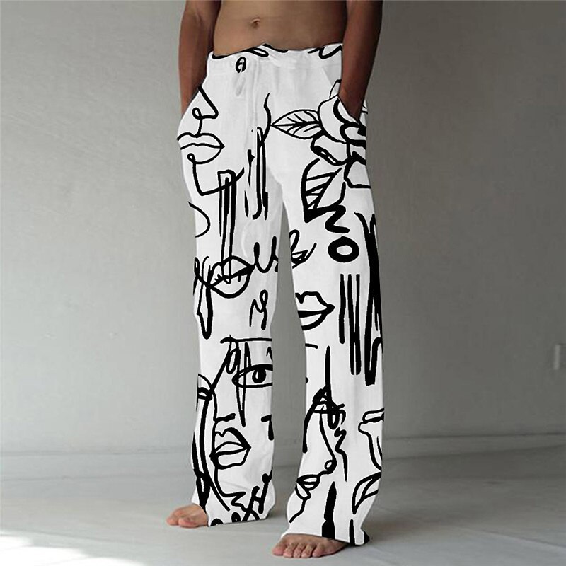Men's Trousers Summer Pants Beach Pants Elastic Drawstring Design Front Pocket Straight Leg Graphic Prints Graffiti Comfort Soft Casual Daily Fashion Designer Black White
