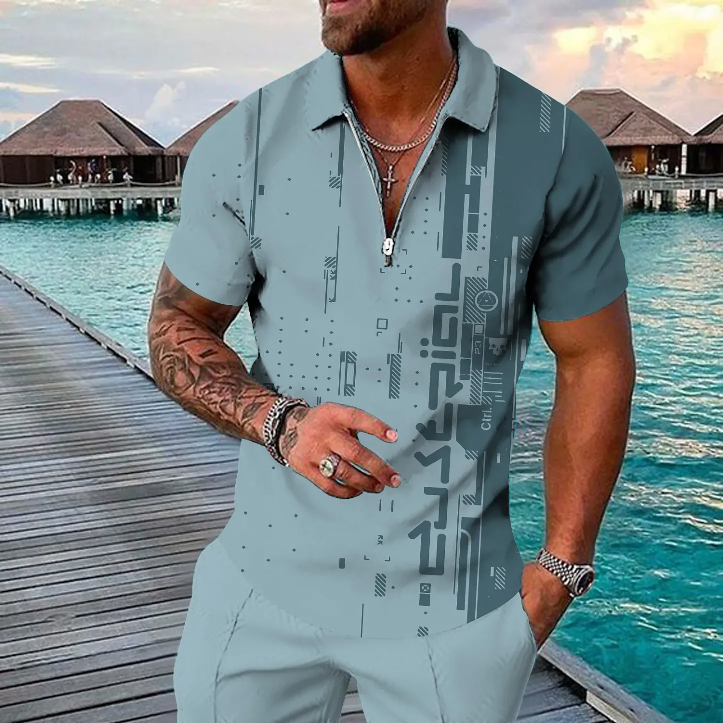 Men's Golf Shirt 3D Print Geometry Casual Zipper Print Short Sleeves Tops