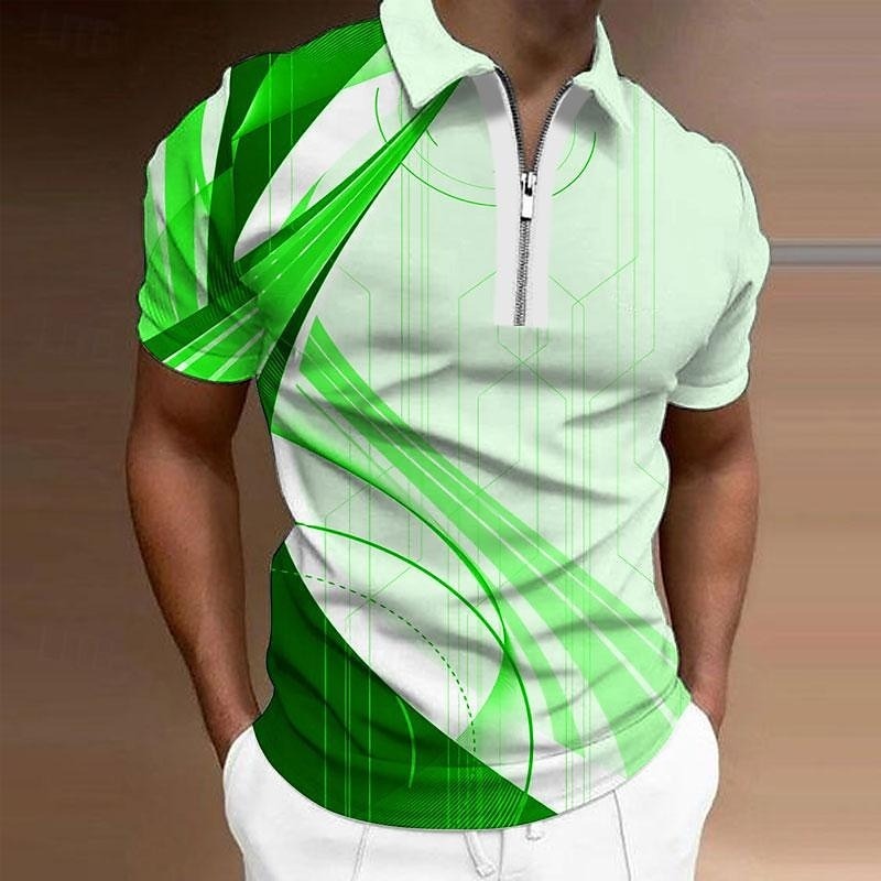 Men's Geometric Zip Polo Shirts Golf Shirt Short Sleeve Polo Shirts Collared Shirts Business Casual Vacation Wear Formal Wear Festival Wear 3D Print Quarter Zip Polo Yellow Army Green Red