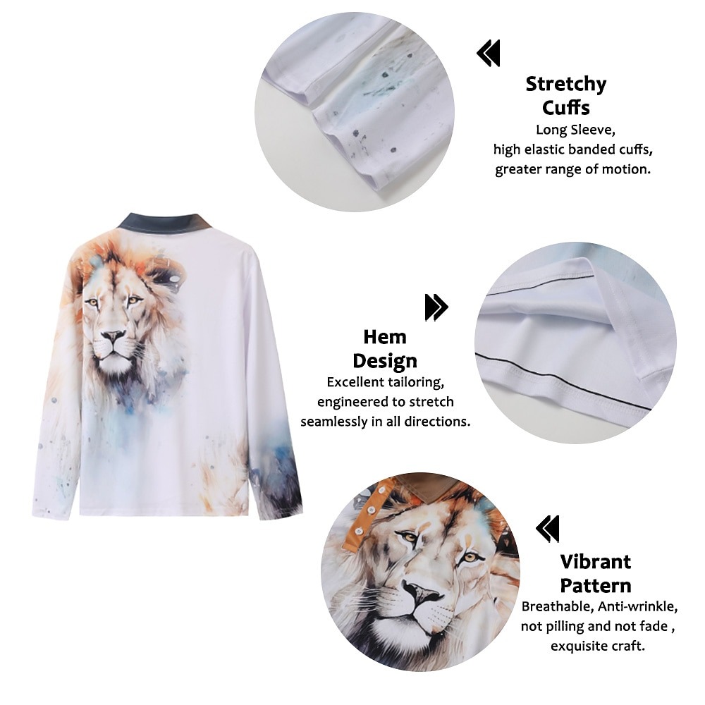 Men's Lion Polo Shirts Golf Shirt Long Sleeve Polo Shirts Collared Shirts Casual Funny Streetwear Vacation Wear Party Outfits Buttons 3D Print Yellow Red Blue