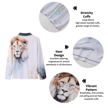 Men's Lion Polo Shirts Golf Shirt Long Sleeve Polo Shirts Collared Shirts Casual Funny Streetwear Vacation Wear Party Outfits Buttons 3D Print Yellow Red Blue