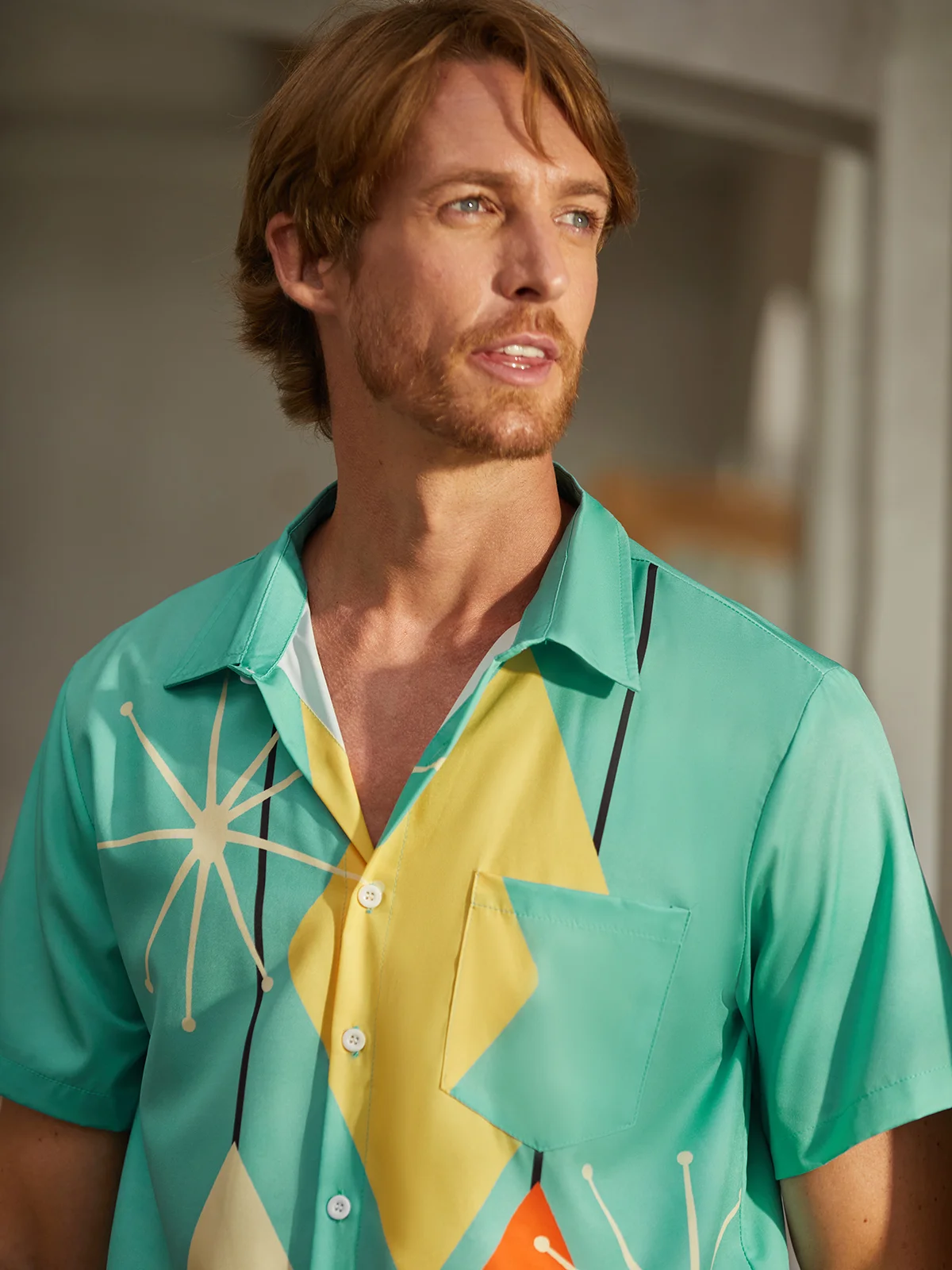 Rhyvra Men Printed Casual Summer Polyester Pockets Shirt Collar No Elasticity Regular H-Line Shirt