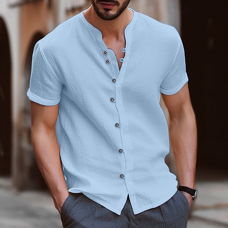 Men's Shirt Linen Shirt Band Collar Shirt Summer Shirt Beach Wear Button Up Shirt Plain Casual Daily Black White Blue Khaki Short Sleeve Band Collar Summer Clothing Apparel
