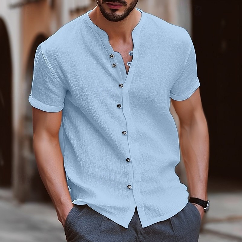 Men's Shirt Linen Shirt Band Collar Shirt Summer Shirt Beach Wear Button Up Shirt Plain Casual Daily Black White Blue Khaki Short Sleeve Band Collar Summer Clothing Apparel