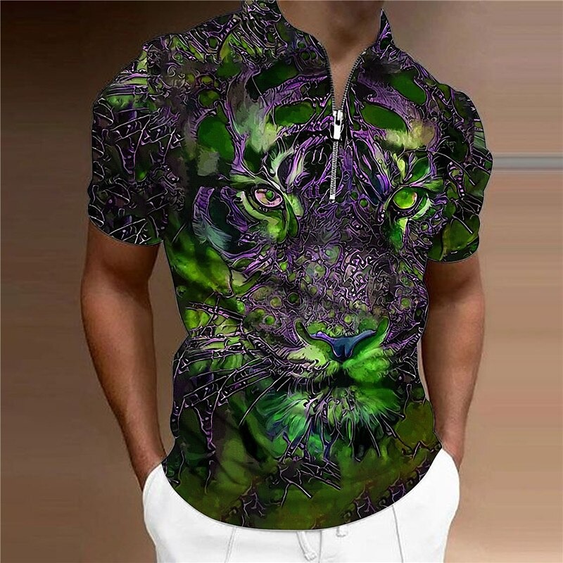 Men's Tiger Zip Polo Shirts Golf Shirt Short Sleeve Polo Shirts Collared Shirts Casual Funny Streetwear Vacation Wear Party Outfits 3D Print Quarter Zip Polo Pink Blue Green