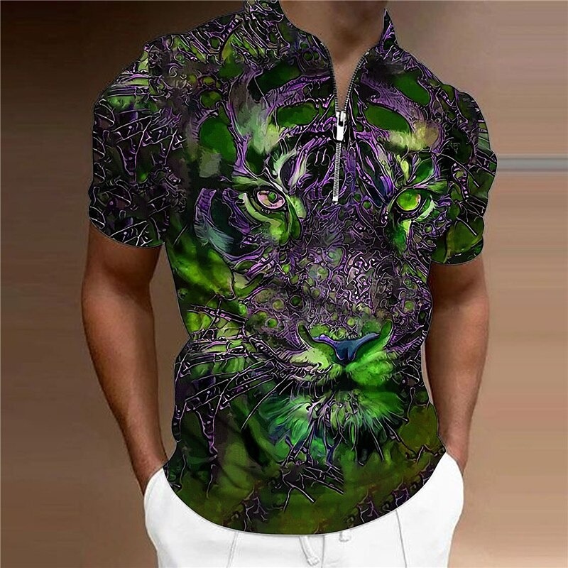 Men's Tiger Zip Polo Shirts Golf Shirt Short Sleeve Polo Shirts Collared Shirts Casual Funny Streetwear Vacation Wear Party Outfits 3D Print Quarter Zip Polo Pink Blue Green