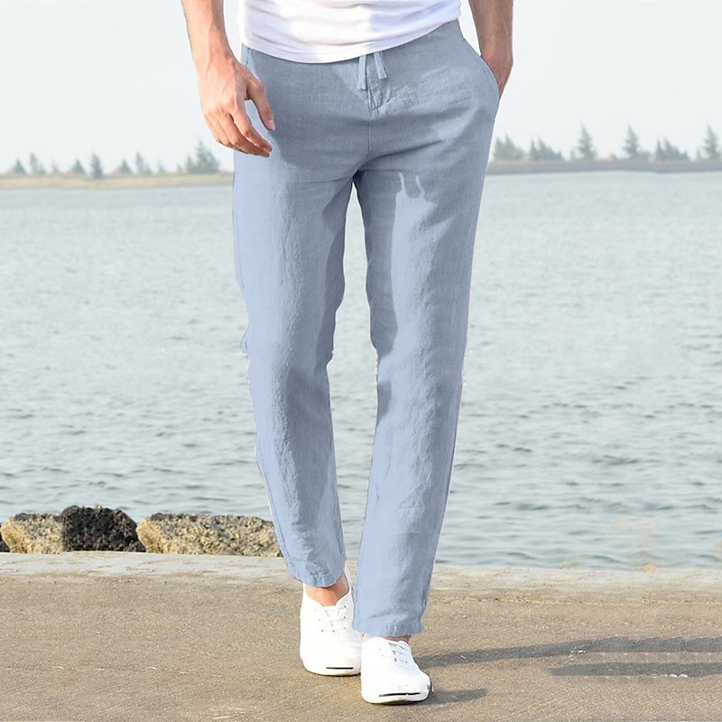 Men's Linen Pants Trousers Summer Pants Beach Pants Casual Pants Drawstring Elastic Waist Plain Breathable Lightweight Full Length Yoga Casual Daily Basic Black White