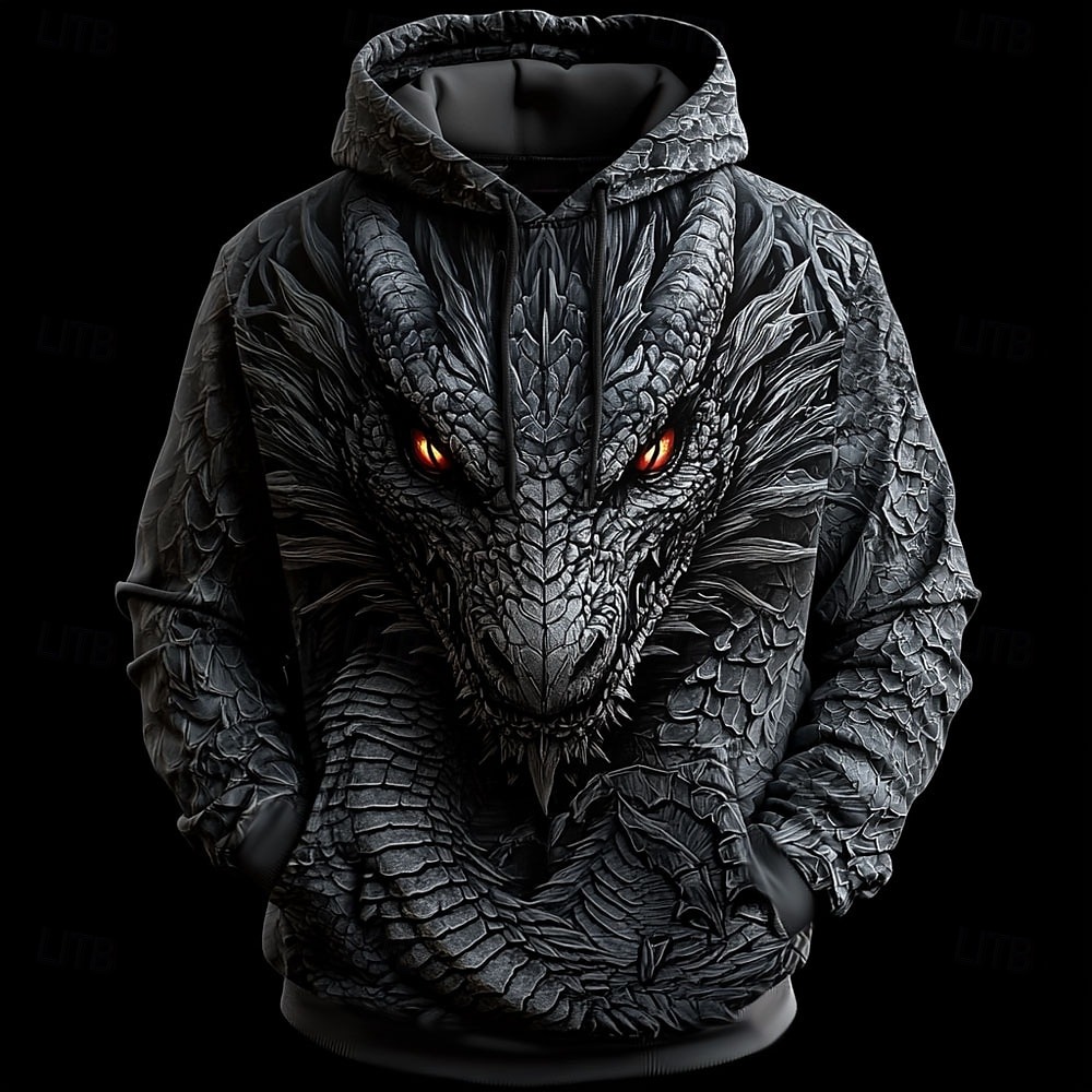 Men's Dragon Hoodies Sweatshirt Outerwear Long Sleeve Hooded Sweatshirt Crew Neck Fashion 3D Print Party Holiday Streetwear Black Blue Drawstring Fall Winter Designer