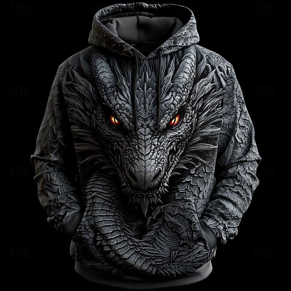 Men's Dragon Hoodies Sweatshirt Outerwear Long Sleeve Hooded Sweatshirt Crew Neck Fashion 3D Print Party Holiday Streetwear Black Blue Drawstring Fall Winter Designer