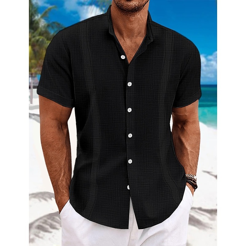 Men's Shirt Guayabera Shirt Linen Shirt Button Up Shirt Summer Shirt Beach Shirt Black White Blue Short Sleeve Plain Collar Summer Casual Daily Clothing Apparel