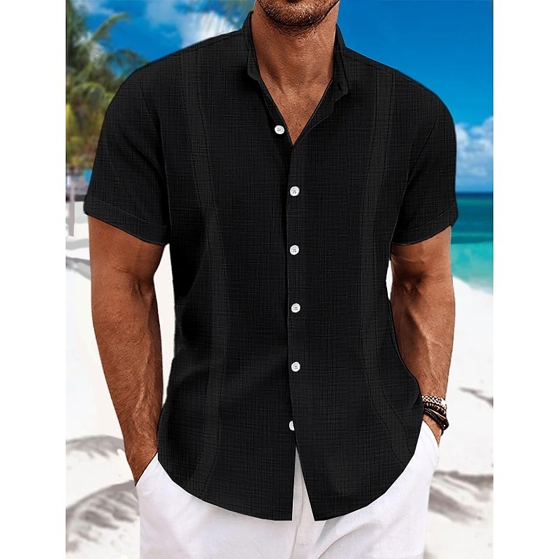 Men's Shirt Guayabera Shirt Linen Shirt Button Up Shirt Summer Shirt Beach Shirt Black White Blue Short Sleeve Plain Collar Summer Casual Daily Clothing Apparel