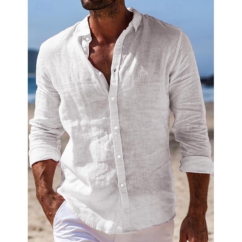 Men's Shirt Linen Shirt Summer Shirt Beach Wear Button Up Shirt Plain Casual Daily Black White Pink Navy Blue Long Sleeve Turndown Spring & Summer Clothing Apparel