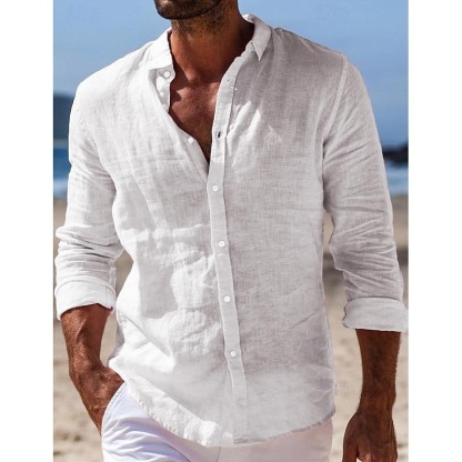 Men's Shirt Linen Shirt Summer Shirt Beach Wear Button Up Shirt Plain Casual Daily Black White Pink Navy Blue Long Sleeve Turndown Spring & Summer Clothing Apparel