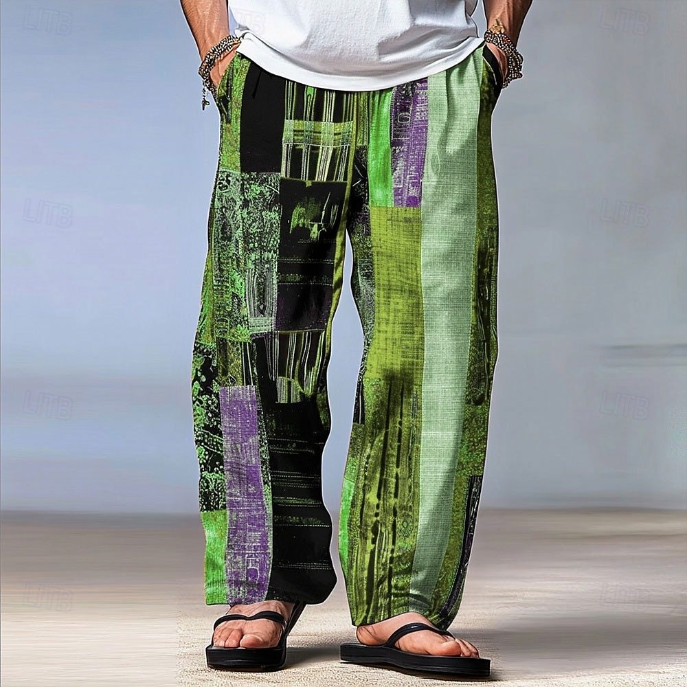 Men's Color Block Patchwork Pants Trousers Mid Waist Drawstring Elastic Waist Hawaiian Casual Outdoor Party Evening Wear Holiday Straight Leg Trousers Summer Spring Fall 3D Print Red Blue Green