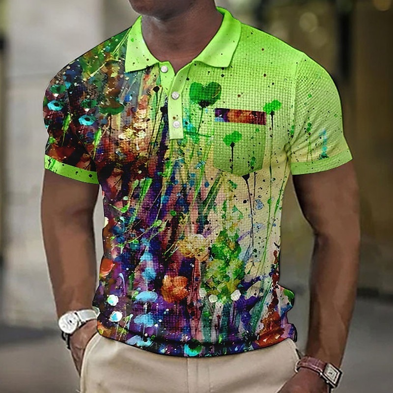 Men's Graphic Prints Waffle Polo Shirts Polo Shirts Lapel Polo Button Up Polos Golf Shirt Short Sleeve Shirt Turndown Outdoor Street Blue-Green Blue Purple Orange Green Print Clothing Apparel Fashion