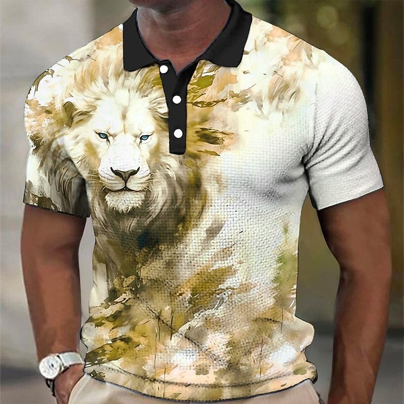 Men's Lion Waffle Polo Shirts Golf Shirt Short Sleeve Polo Shirts Collared Shirts Casual Funny Streetwear Vacation Wear Party Outfits Buttons 3D Print Yellow Red Blue