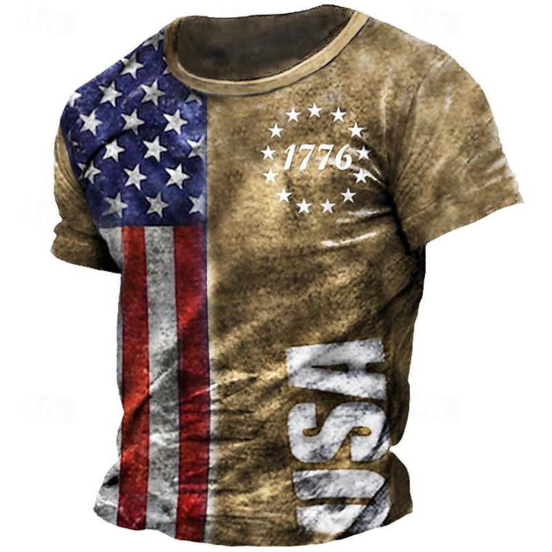 Graphic American Flag 1776 Fashion Designer Casual Men's 3D Print Short Sleeve Shirt T shirt Tee Tee Top Daily Holiday Vacation T shirt Black Khaki Dark Blue Short Sleeve Crew Neck Shirt Summer