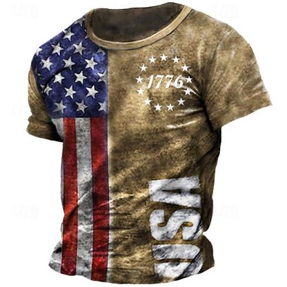 Graphic American Flag 1776 Fashion Designer Casual Men's 3D Print Short Sleeve Shirt T shirt Tee Tee Top Daily Holiday Vacation T shirt Black Khaki Dark Blue Short Sleeve Crew Neck Shirt Summer