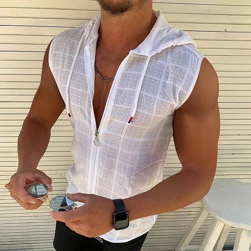 100% Cotton Men's Tank Top Zip Up Hoodies Sleeveless Hoodie Floral Grid Plaid Hooded Vacation Casual Sleeveless Drawstring Clothing Apparel Fashion Casual Breathable Comfortable Tank Top