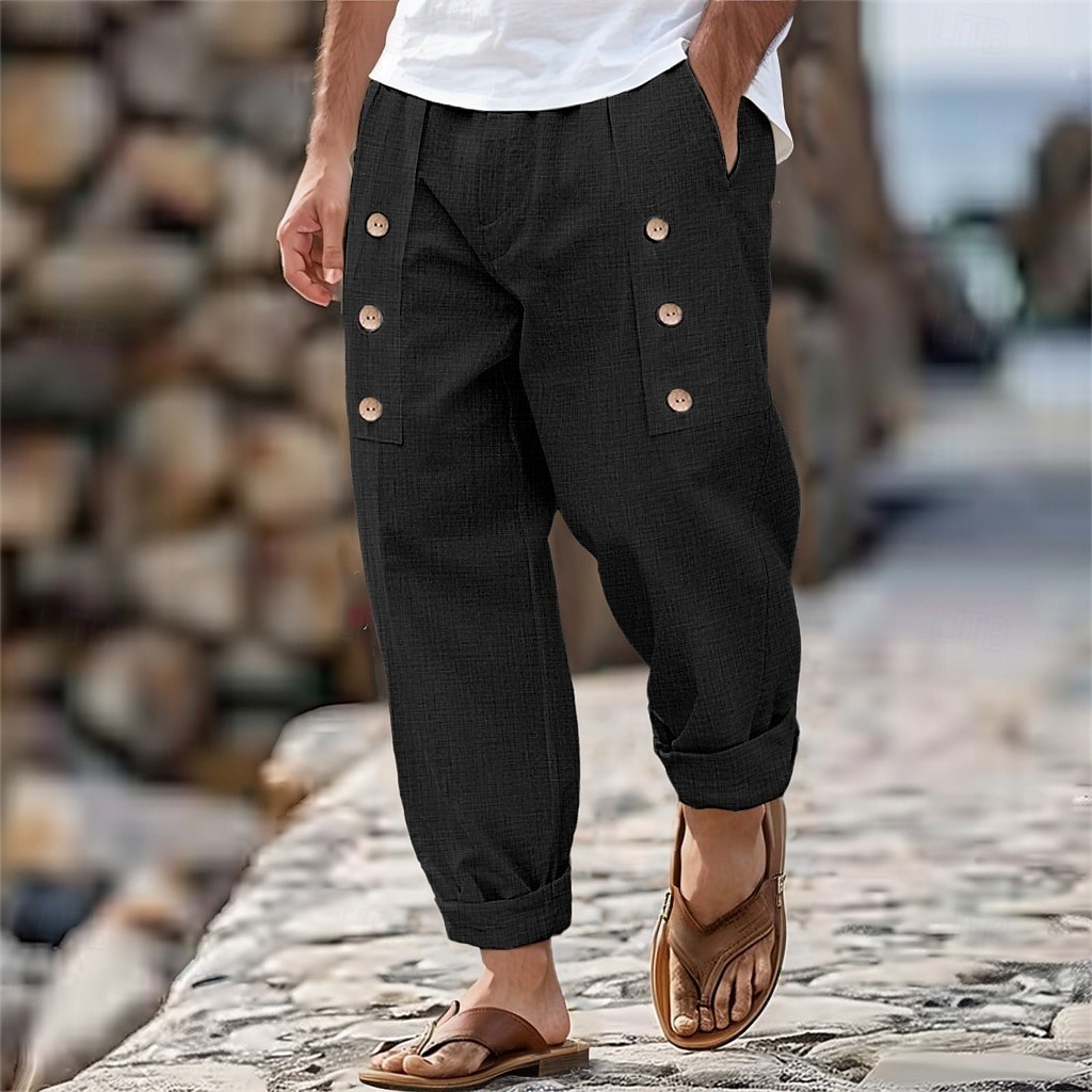 Men's Linen Pants Trousers Summer Pants Buttons Front Pocket Pleats Plain Comfort Breathable Full Length Casual Daily Holiday Fashion Basic Loose Fit Black White