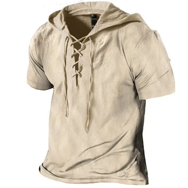 Men's Linen T Shirts Drawstring Lace Up Hood Solid Color Summer Tops Short Sleeve Blouse Mens Plain T-shirt Work Pullover