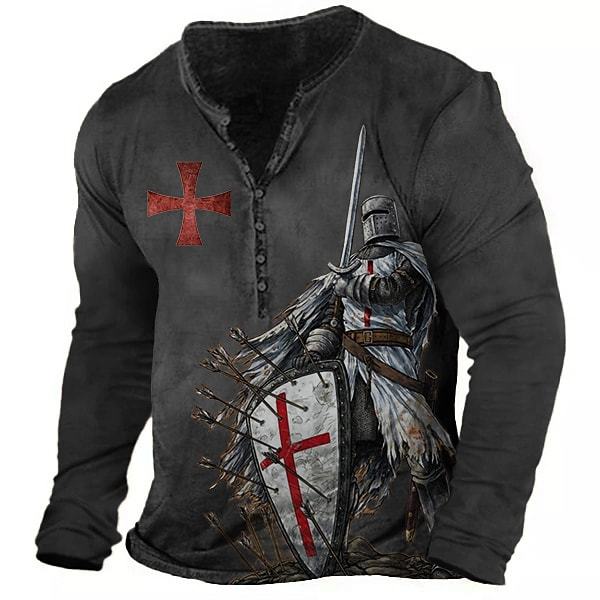 Men's Vintage Templar Cross Henley Collar Long SleeveT-Shirt