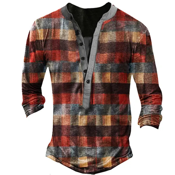 Retro Plaid Men's Outdoor Tactics Henley Button Long Sleeve Shirt