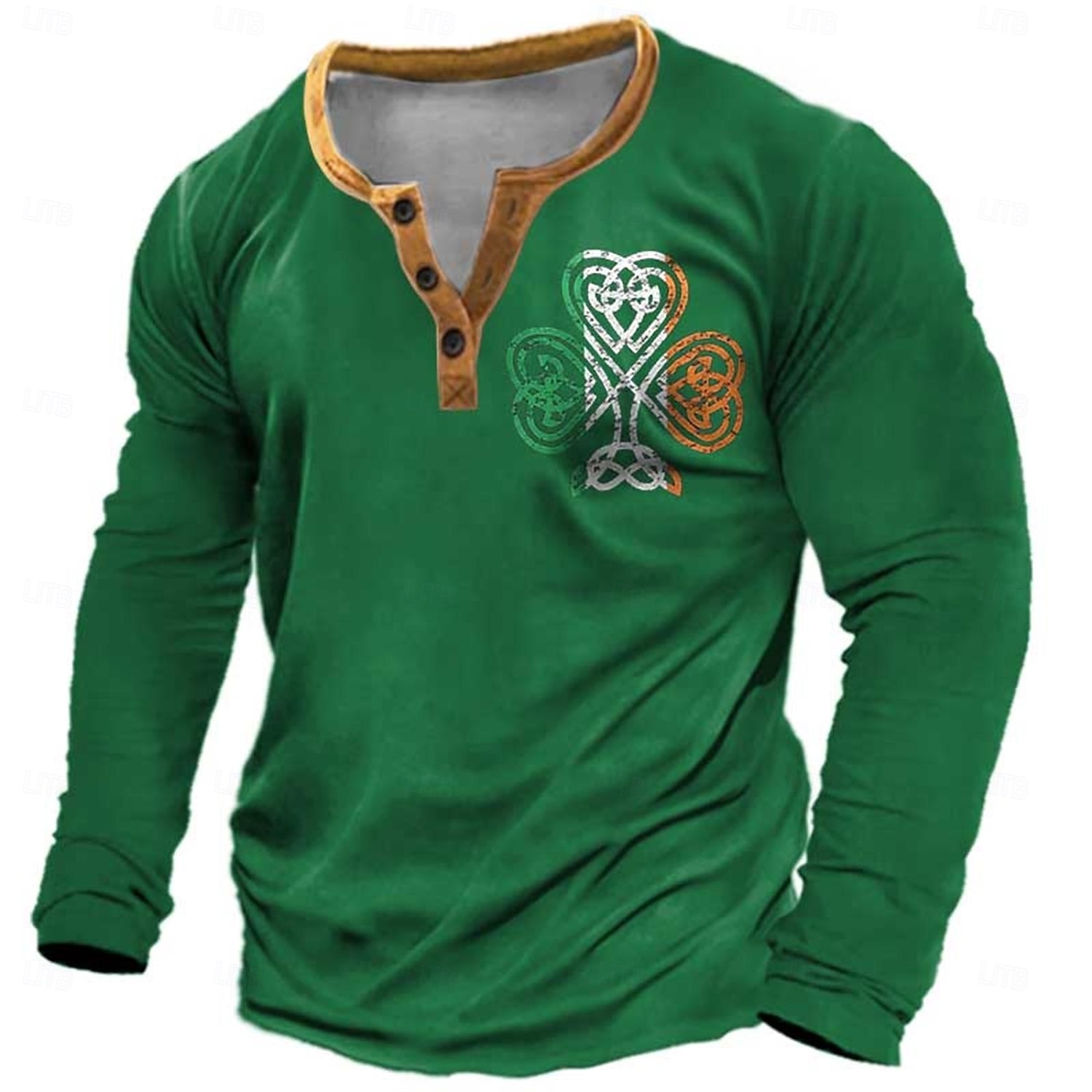 Men's St. Patrick Graphic Clover Henley Shirt Long Sleeve Fashion Cute Daily Casual Holiday Going out Spring & Fall Black Green Henley Henley T-Shirt