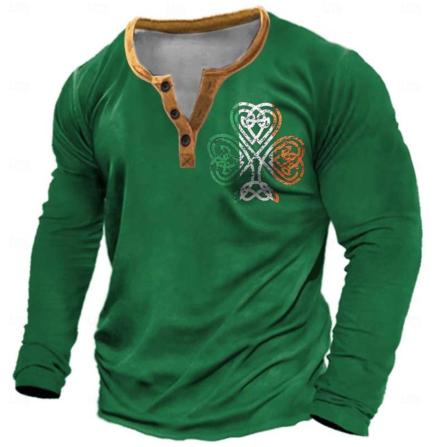 Men's St. Patrick Graphic Clover Henley Shirt Long Sleeve Fashion Cute Daily Casual Holiday Going out Spring & Fall Black Green Henley Henley T-Shirt