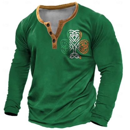 Men's St. Patrick Graphic Clover Henley Shirt Long Sleeve Fashion Cute Daily Casual Holiday Going out Spring & Fall Black Green Henley Henley T-Shirt