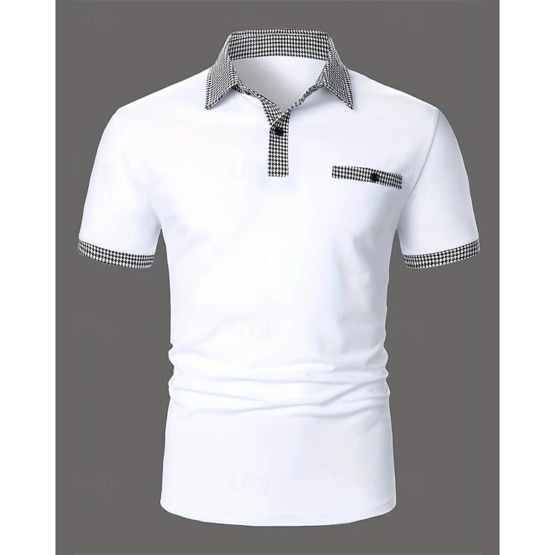 Men's Golf Shirt Golf Polo Work Casual Lapel Short Sleeve Basic Modern Color Block Houndstooth Patchwork Spring & Summer Regular Fit Black White Red Navy Blue Blue Beige Golf Shirt