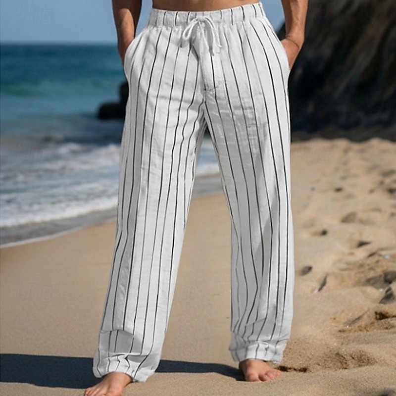 Men's Linen Pants Trousers Summer Pants Beach Pants Drawstring Elastic Waist Straight Leg Stripe Comfort Breathable Full Length Casual Daily Holiday Vacation Fashion Black White