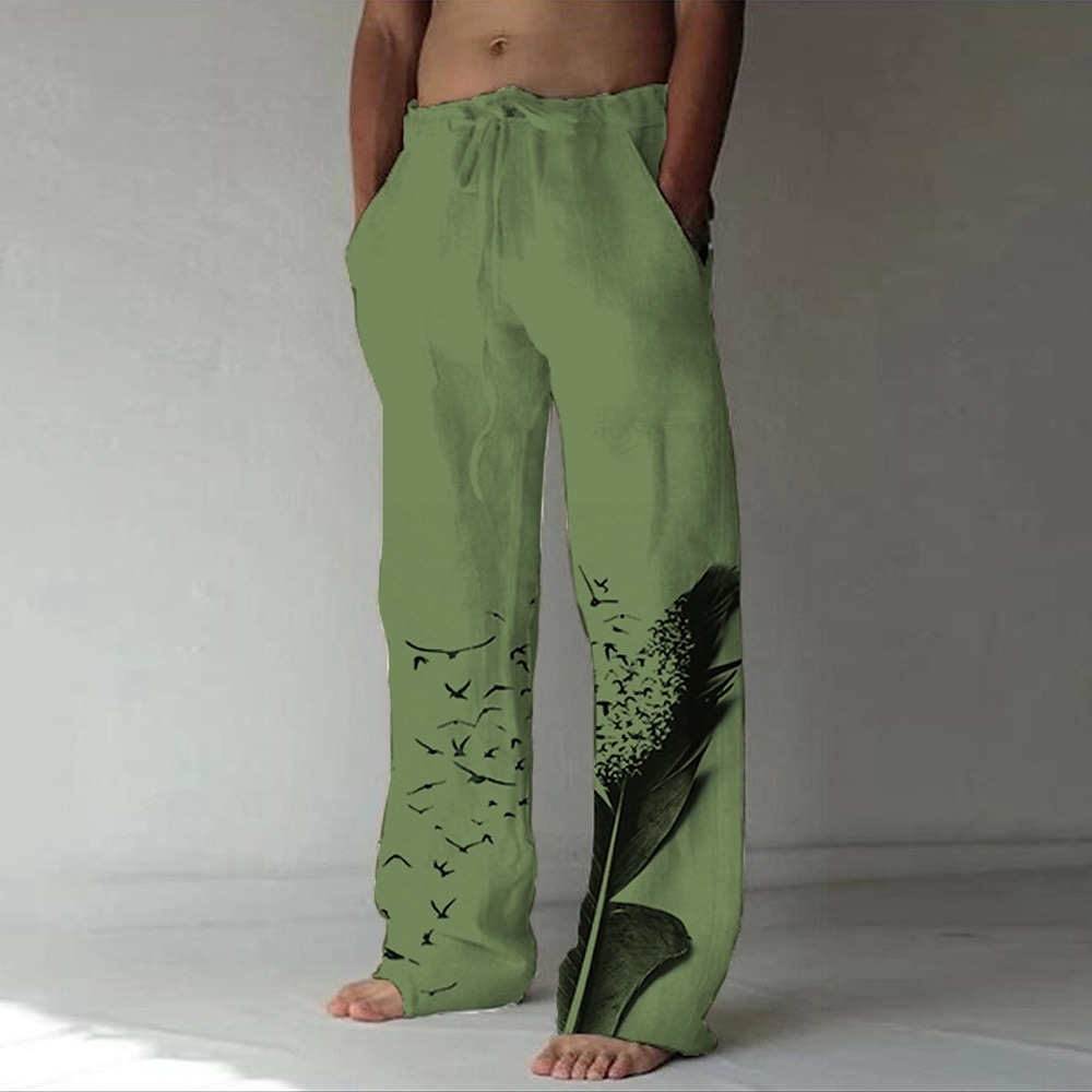 Men's Linen Pants Trousers Summer Pants Beach Pants Drawstring Side Pockets Elastic Waist Graphic Prints Feather Breathable Lightweight Yoga Daily For Vacation Casual Chinoiserie White Blue