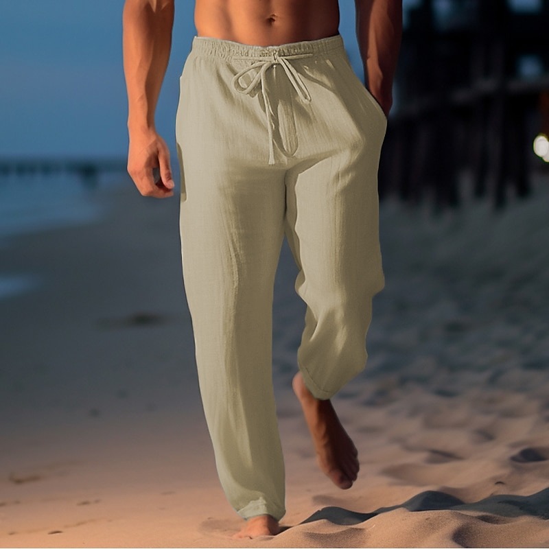 Men's Linen Pants Trousers Summer Pants Beach Pants Drawstring Elastic Waist Straight Leg Plain Comfort Breathable Casual Daily Holiday Fashion Classic Style Light Khaki Black