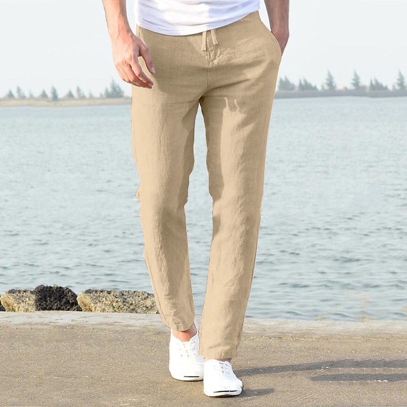 Men's Linen Pants Trousers Summer Pants Beach Pants Casual Pants Drawstring Elastic Waist Plain Breathable Lightweight Full Length Yoga Casual Daily Basic Black White