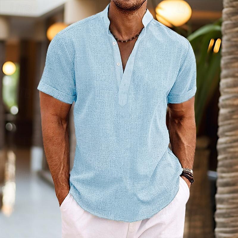 Men's Shirt Linen Shirt Band Collar Shirt Popover Shirt Summer Shirt Beach Wear Plain Casual Daily Black White Pink Green Short Sleeve Henley Summer Clothing Apparel